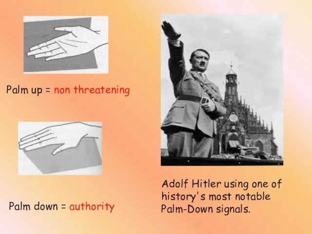 Adolf Hitler using one of history's most notable Palm-Down signals. Palm up