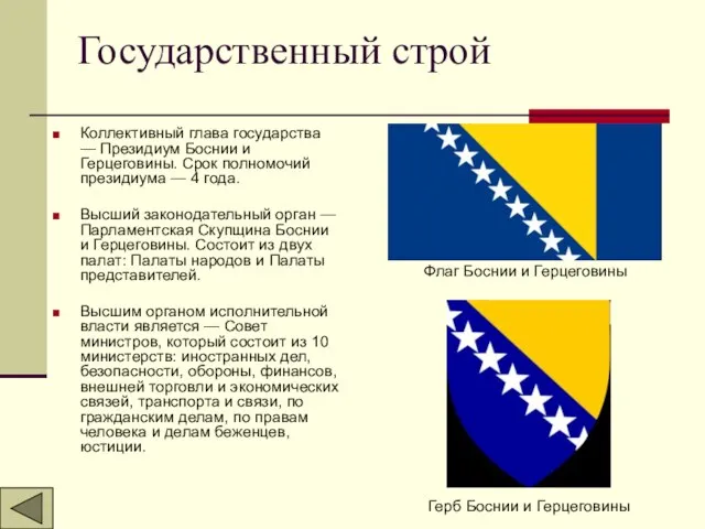 Государственный строй Коллективный глава государства — Президиум Боснии и Герцеговины. Срок полномочий