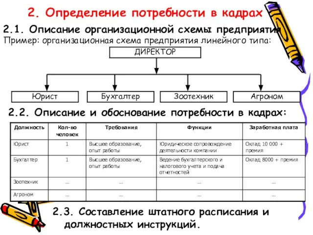2. Определение потребности в кадрах 2.1. Описание организационной схемы предприятия Пример: организационная