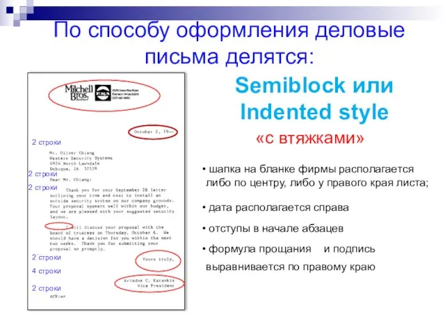 По способу оформления деловые письма делятся: Semiblock или Indented style «с втяжками»