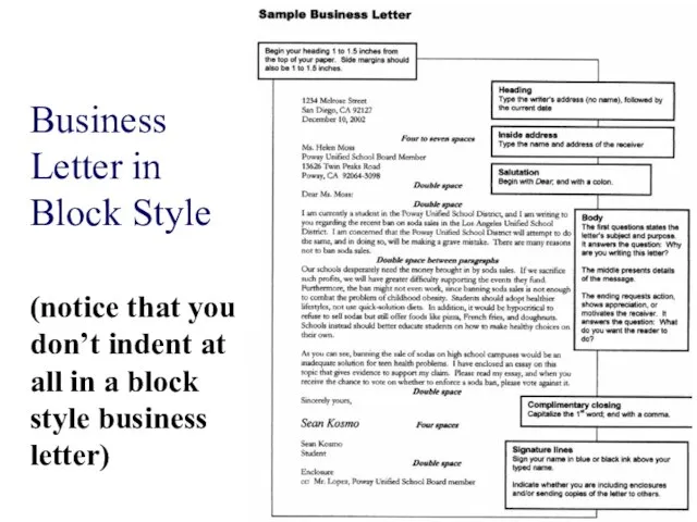 Business Letter in Block Style (notice that you don’t indent at all