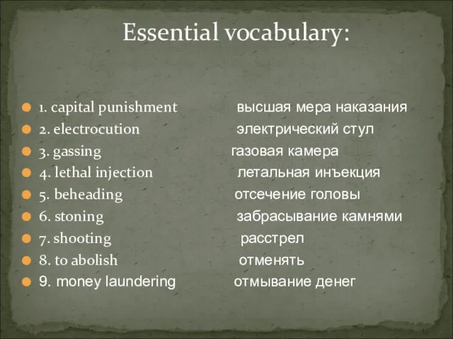 1. capital punishment высшая мера наказания 2. electrocution электрический стул 3. gassing