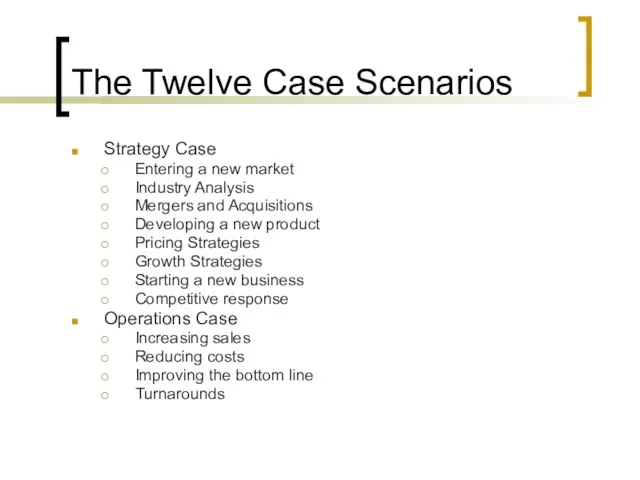 The Twelve Case Scenarios Strategy Case Entering a new market Industry Analysis