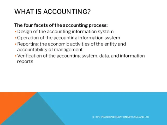 WHAT IS ACCOUNTING? The four facets of the accounting process: Design of