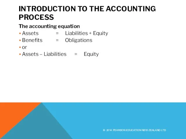 INTRODUCTION TO THE ACCOUNTING PROCESS The accounting equation Assets = Liabilities +