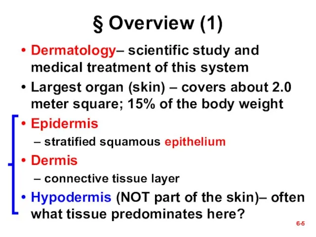 6- § Overview (1) Dermatology– scientific study and medical treatment of this