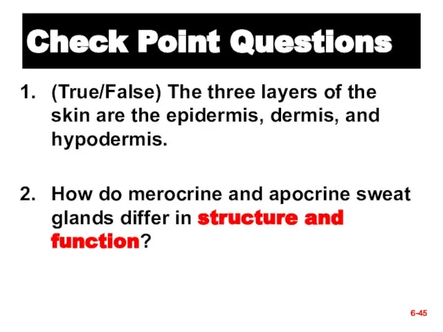 Check Point Questions (True/False) The three layers of the skin are the