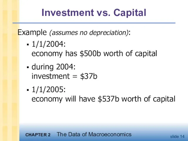 Investment vs. Capital Example (assumes no depreciation): 1/1/2004: economy has $500b worth