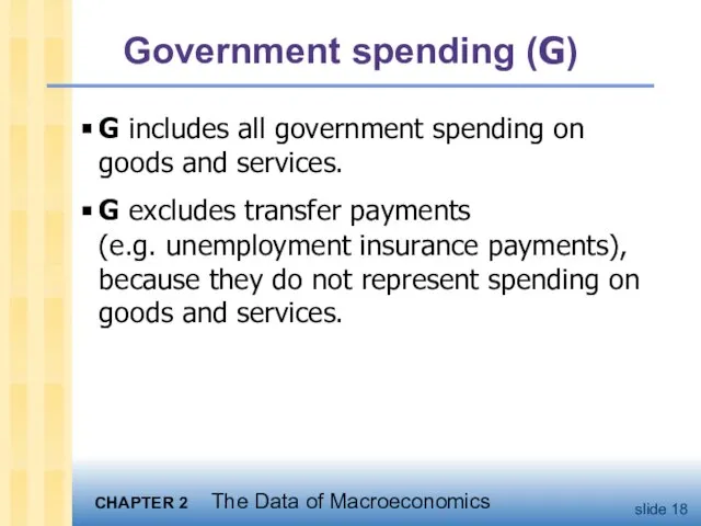 Government spending (G) G includes all government spending on goods and services.