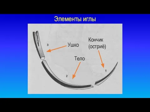 Элементы иглы Ушко Тело Кончик (остриё)