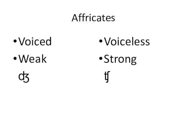 Affricates Voiced Weak ʤ Voiceless Strong ʧ