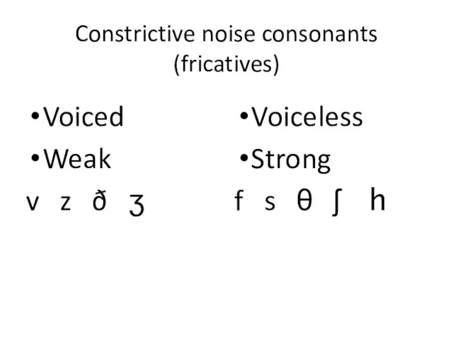 Constrictive noise consonants (fricatives) Voiced Weak v z ð ʒ Voiceless Strong
