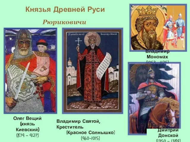 Рюриковичи Владимир Мономах (1053—1125) Дмитрий Донской (1350 – 1389) Олег Вещий (князь