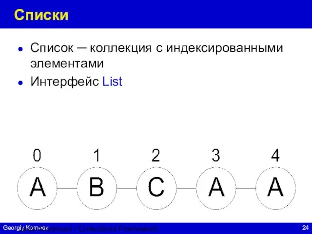 Java Advanced / Collections Framework Списки Список ─ коллекция с индексированными элементами Интерфейс List