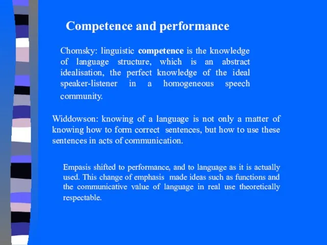 Competence and performance Chomsky: linguistic competence is the knowledge of language structure,