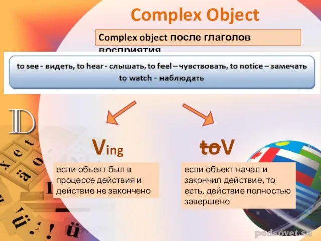 Complex object после глаголов восприятия Complex Object Ving toV если объект начал