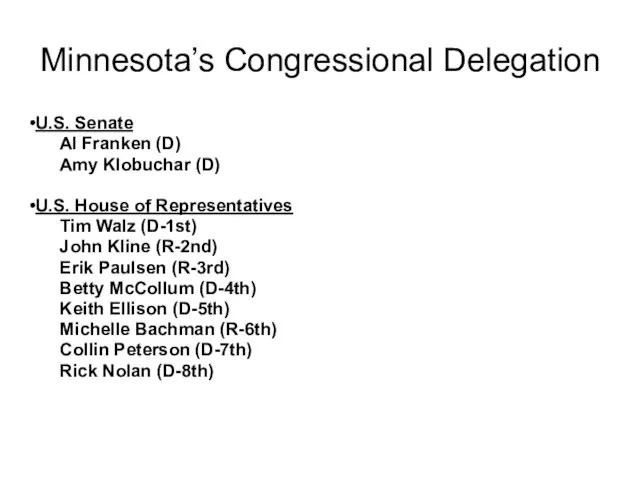 Minnesota’s Congressional Delegation U.S. Senate Al Franken (D) Amy Klobuchar (D) U.S.