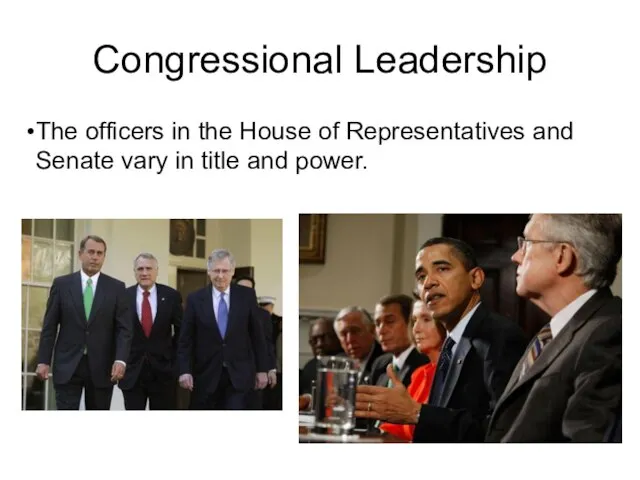 Congressional Leadership The officers in the House of Representatives and Senate vary in title and power.