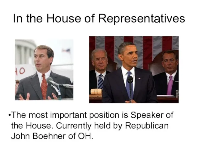In the House of Representatives The most important position is Speaker of