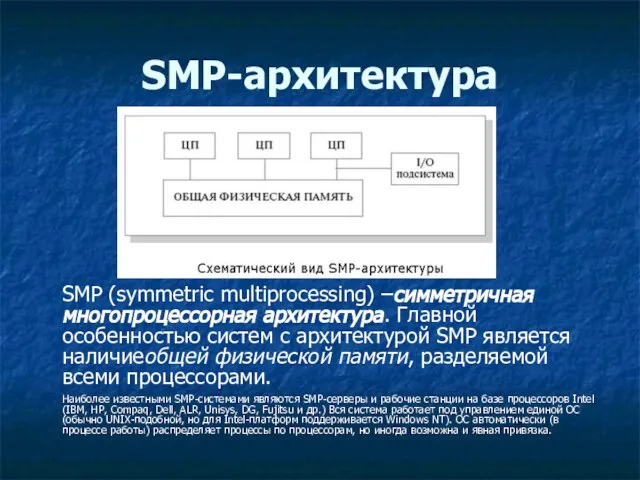 SMP-архитектура SMP (symmetric multiprocessing) –симметричная многопроцессорная архитектура. Главной особенностью систем с архитектурой