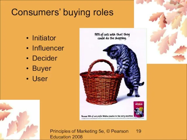 Principles of Marketing 5e, © Pearson Education 2008 Consumers’ buying roles Initiator Influencer Decider Buyer User