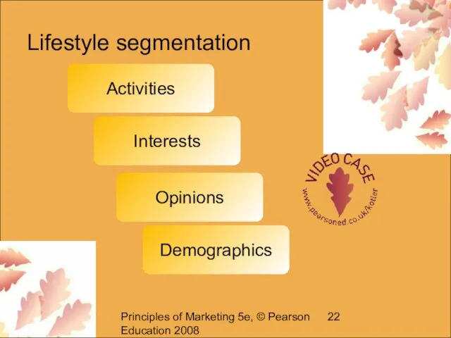 Principles of Marketing 5e, © Pearson Education 2008 Lifestyle segmentation Activities Interests Opinions Demographics