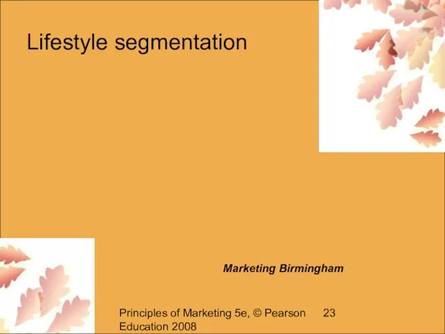 Principles of Marketing 5e, © Pearson Education 2008 Lifestyle segmentation Marketing Birmingham