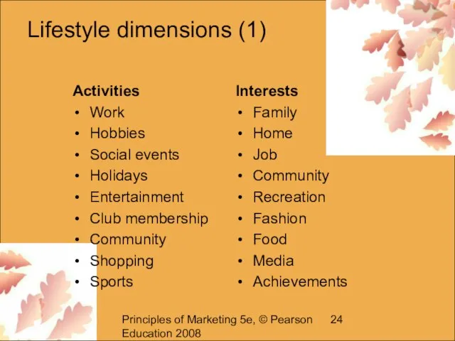 Principles of Marketing 5e, © Pearson Education 2008 Lifestyle dimensions (1) Activities