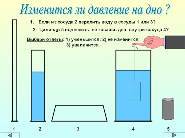 Изменится ли давление на дно ? 1 2 3 4 Если из