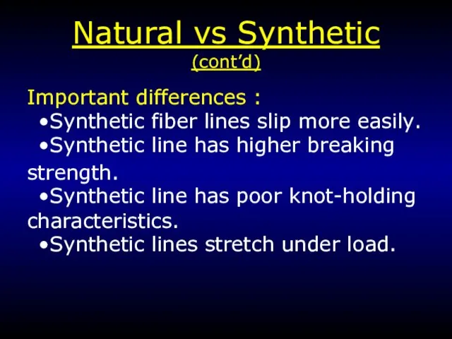 Natural vs Synthetic (cont’d) Important differences : Synthetic fiber lines slip more