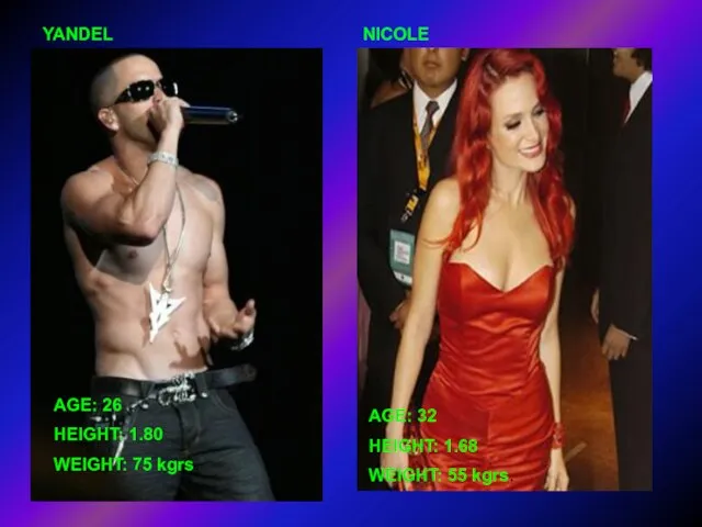 YANDEL AGE: 26 HEIGHT: 1.80 WEIGHT: 75 kgrs. AGE: 32 HEIGHT: 1.68 WEIGHT: 55 kgrs. NICOLE