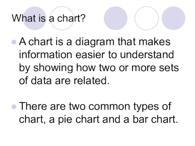 What is a chart? A chart is a diagram that makes information