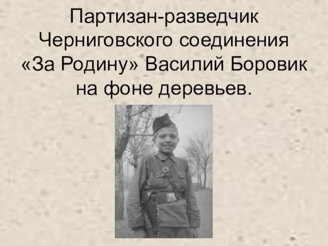 Партизан-разведчик Черниговского соединения «За Родину» Василий Боровик на фоне деревьев.