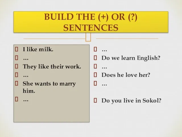 BUILD THE (+) OR (?) SENTENCES I like milk. … They like