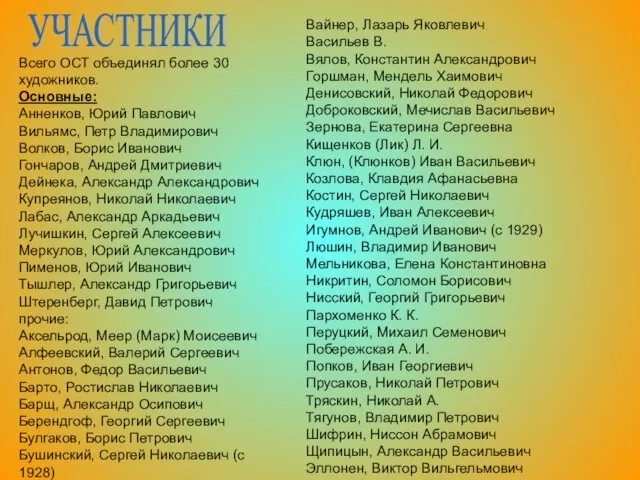 Всего ОСТ объединял более 30 художников. Основные: Анненков, Юрий Павлович Вильямс, Петр