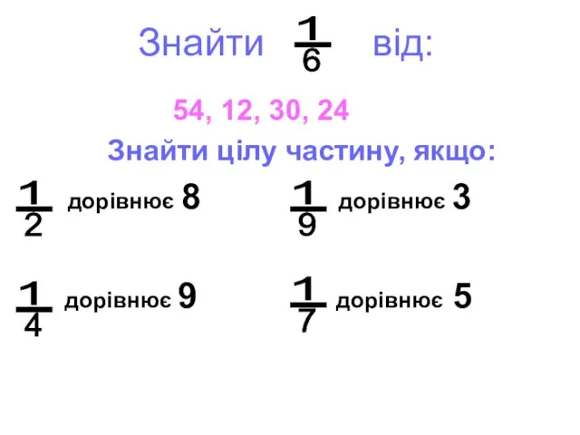 Знайти від: 54, 12, 30, 24 Знайти цілу частину, якщо: дорівнює 8