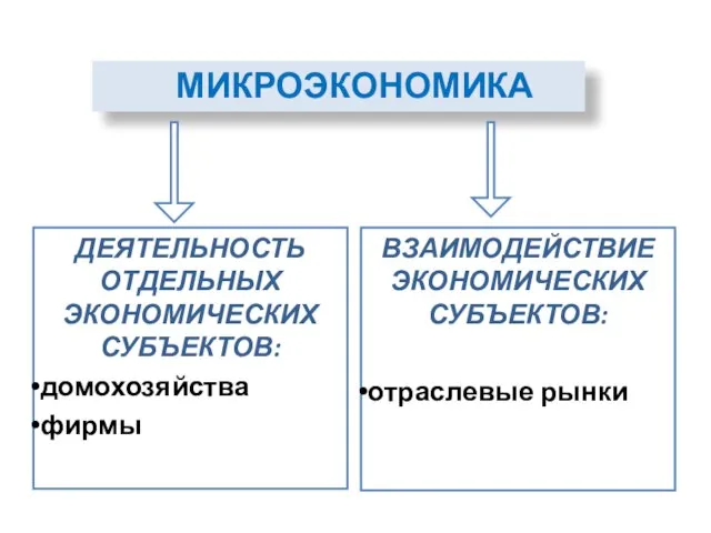 МИКРОЭКОНОМИКА ДЕЯТЕЛЬНОСТЬ ОТДЕЛЬНЫХ ЭКОНОМИЧЕСКИХ СУБЪЕКТОВ: домохозяйства фирмы ВЗАИМОДЕЙСТВИЕ ЭКОНОМИЧЕСКИХ СУБЪЕКТОВ: отраслевые рынки