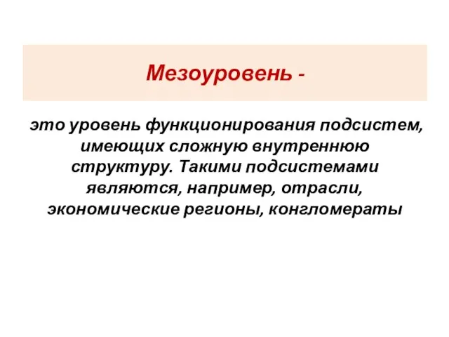 Мезоуровень - это уровень функционирования подсистем, имеющих сложную внутреннюю структуру. Такими подсистемами