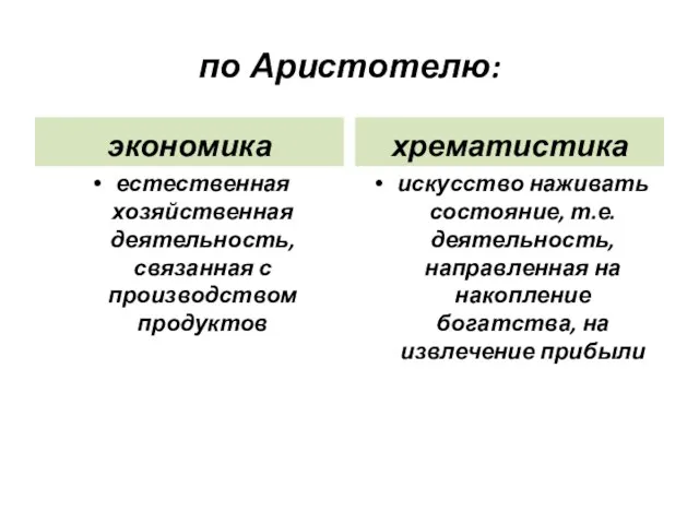 по Аристотелю: экономика естественная хозяйственная деятельность, связанная с производством продуктов хрематистика искусство