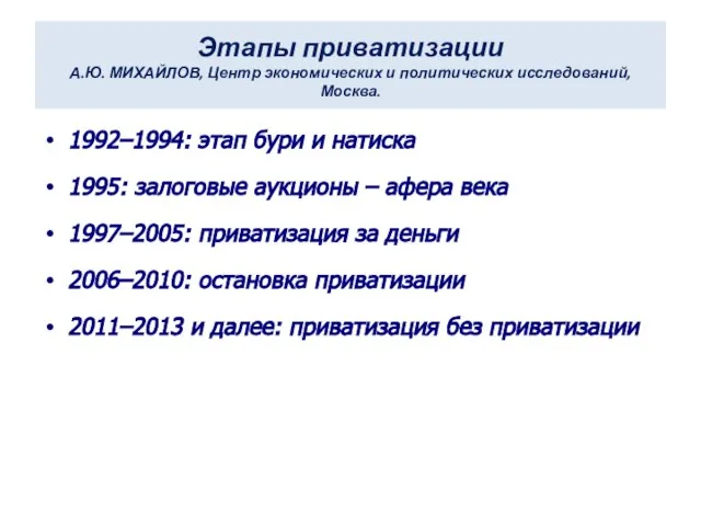 Этапы приватизации А.Ю. МИХАЙЛОВ, Центр экономических и политических исследований, Москва. 1992–1994: этап