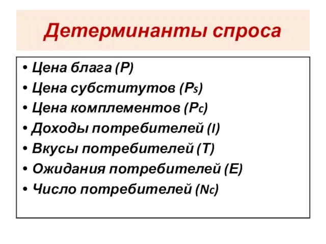 Детерминанты спроса Цена блага (Р) Цена субститутов (Рs) Цена комплементов (Рc) Доходы