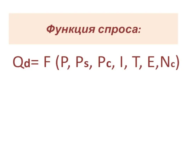 Функция спроса: Qd= F (P, Ps, Pc, I, T, E,Nc)