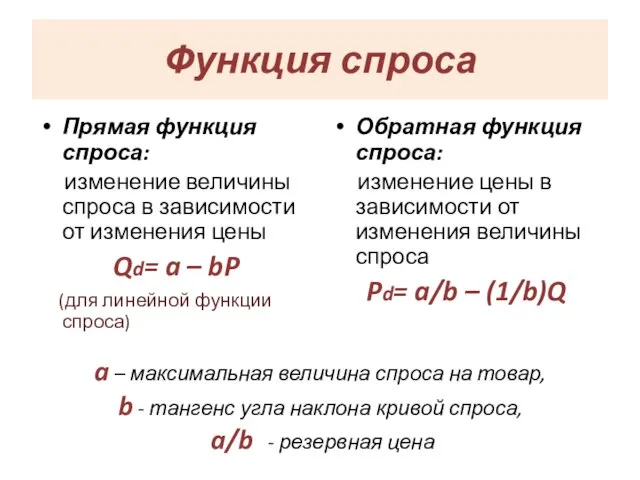 Функция спроса Прямая функция спроса: изменение величины спроса в зависимости от изменения