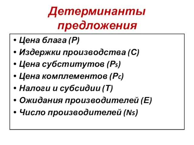 Детерминанты предложения Цена блага (Р) Издержки производства (С) Цена субститутов (Рs) Цена