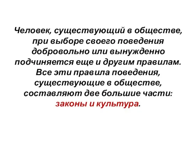 Человек, существующий в обществе, при выборе своего поведения добровольно или вынужденно подчиняется