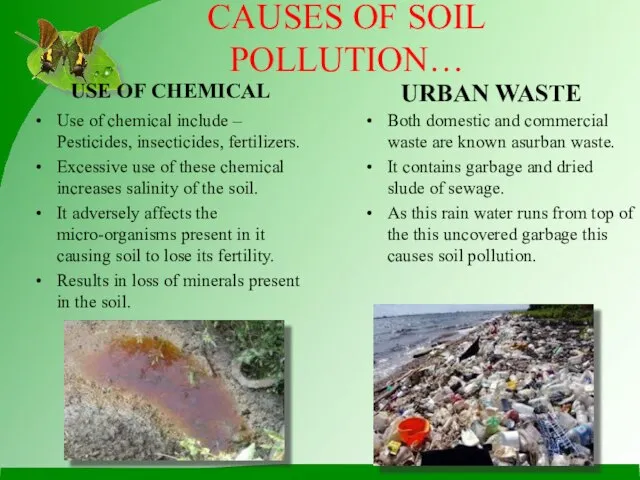 CAUSES OF SOIL POLLUTION… Use of chemical include – Pesticides, insecticides, fertilizers.