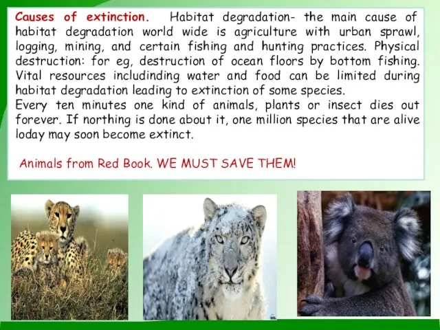 Causes of extinction. Habitat degradation- the main cause of habitat degradation world