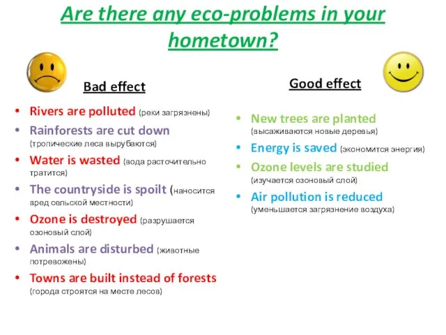 Are there any eco-problems in your hometown? Bad effect Rivers are polluted