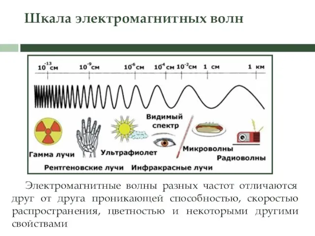 Шкала электромагнитных волн Электромагнитные волны разных частот отличаются друг от друга проникающей