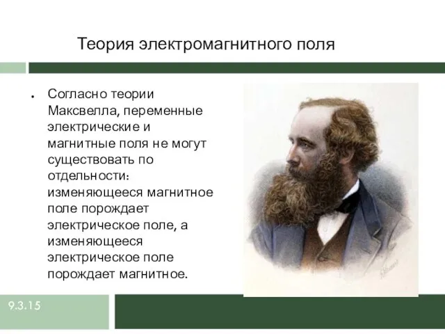 9.3.15 Теория электромагнитного поля Согласно теории Максвелла, переменные электрические и магнитные поля